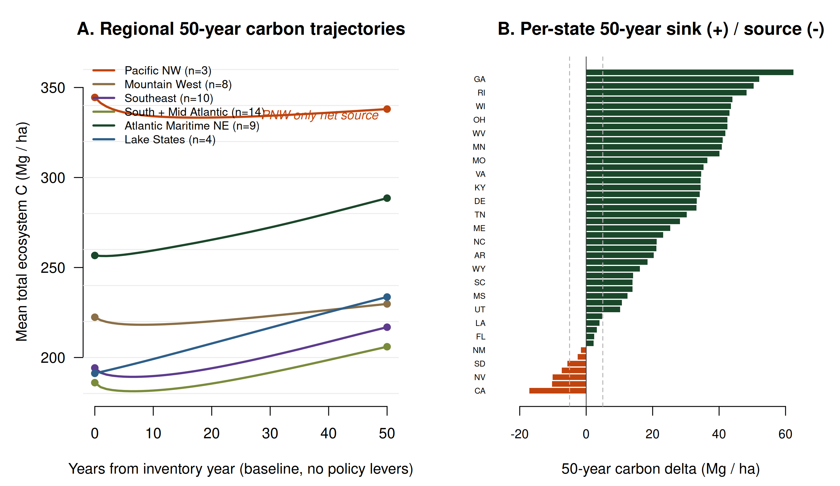 Two-panel figure. Panel A: regional 50-year libcbm trajectories of mean total ecosystem carbon (Mg/ha) under B1.3 FIA EXPNS, n=48. Pacific NW (rust) declines, all other regions (green, blue, purple, olive, tan) accumulate. Lake States gains the most. Panel B: per-state 50-year carbon delta horizontal bar chart, sorted, source-states (CA, AZ, NV, NE, SD, WA, NM) in rust, sink states in green.